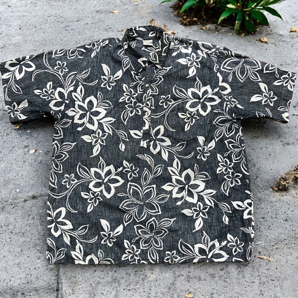 Go Barefoot Vintage Hawaiian Gray White 1/4 Button Down Shirt Men's Size 2XL